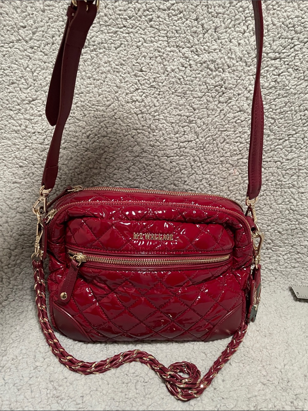 MZ Wallace Lacquer Crosby with straps and bag charm.